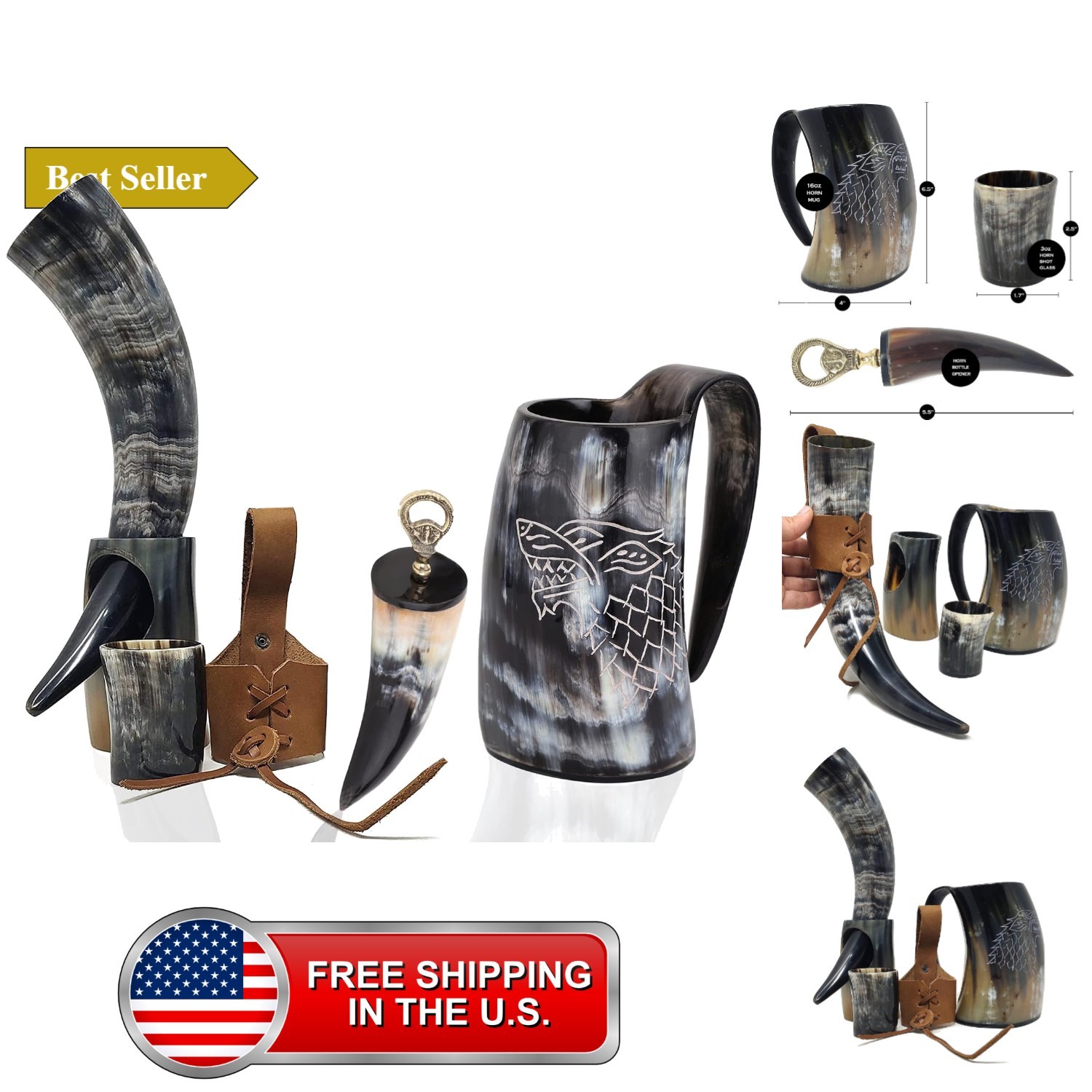 Viking Drinking Horn Mug Set 6 Pcs. Set Tankard, Leather Strap, Bottle Opener...