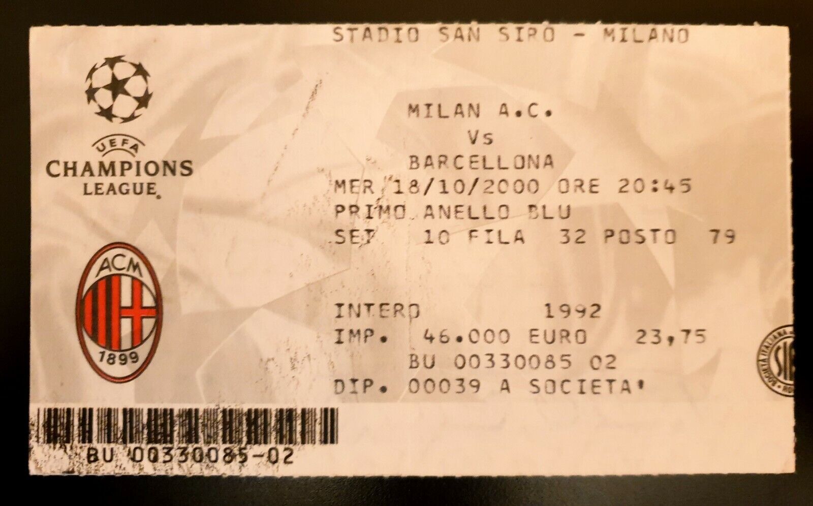 Rivaldo 's first and only hat-trick in CL ( AC Milan vs Barcelona 3:3) ticket