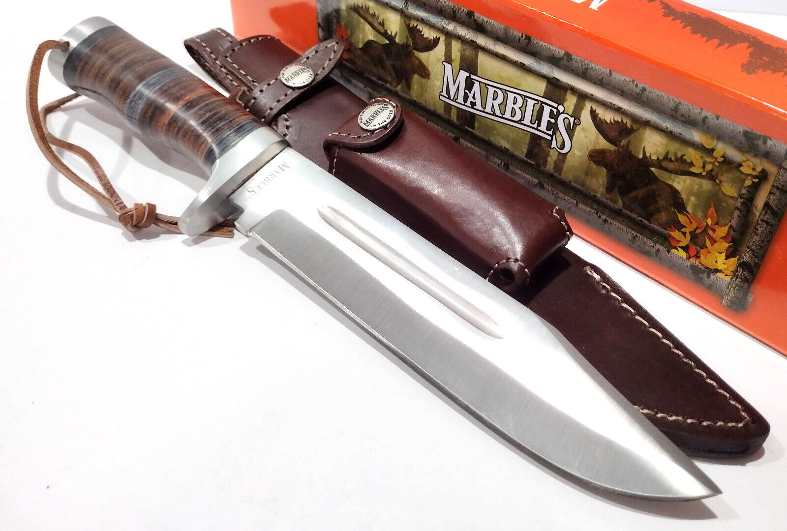 Marbles Brown Stacked Leather Handle Clip Point Bowie Fixed Blade Hunting Knife Marbles Brown Stacked Leather Handle Clip Point Bowie Fixed Blade Hunting Knife