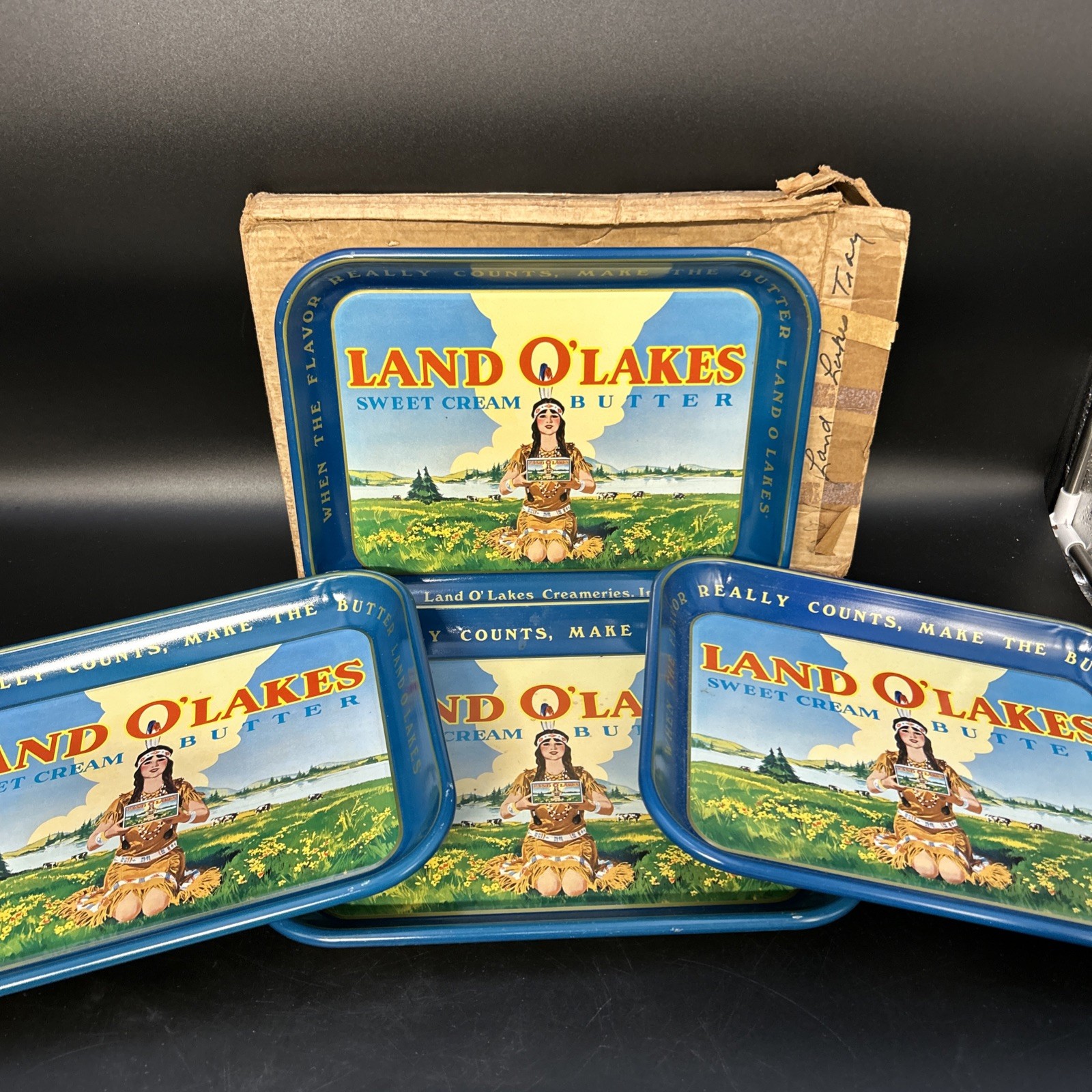 Vintage 1950s Land O'Lakes Sweet Cream Butter Metal Trays With Retired Logo Set4 Vintage 1950s Land O'Lakes Sweet Cream Butter Metal Trays With Retired Logo Set4