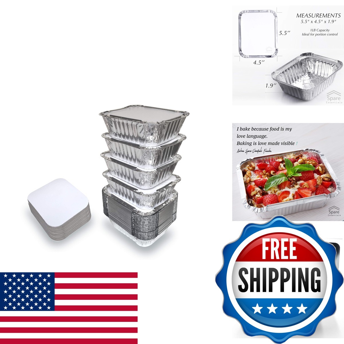 Spare Essentials 110 Pack - 1LB Small Foil Pans Lids - Aluminum Go Food