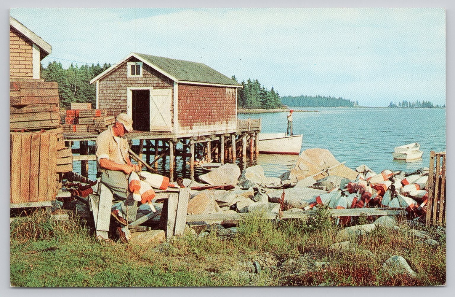 Vintage Dexter Press Postcard: Maine Fisherman Working, Boathouse, Lobster Boats Vintage Dexter Press Postcard: Maine Fisherman Working, Boathouse, Lobster Boats