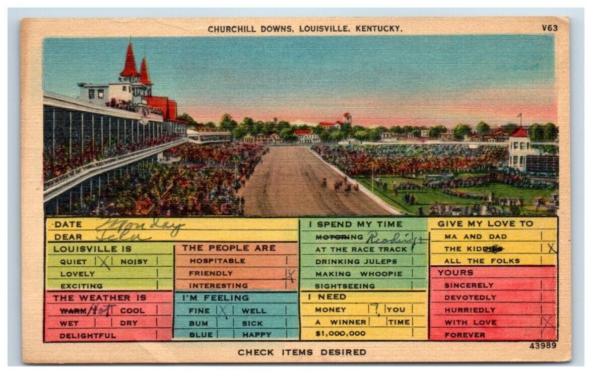 Churchill Downs Louisville KY Check Items Desired Vintage Linen Postcard 1946