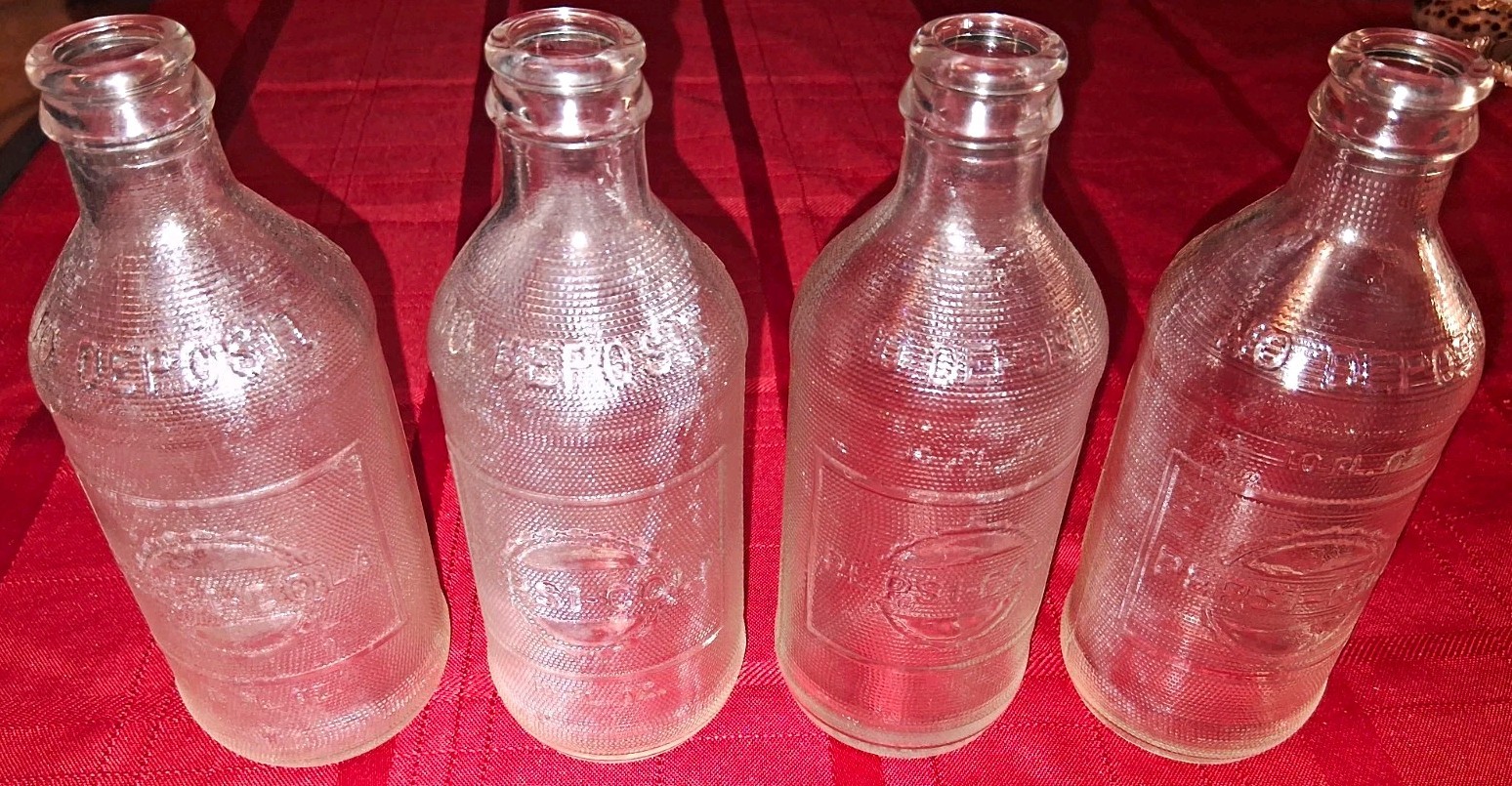 Lot of 4 Pepsi-Cola Clear Embossed Textured Glass Soda Bottles Vintage 1968-69 Lot of 4 Pepsi-Cola Clear Embossed Textured Glass Soda Bottles Vintage 1968-69