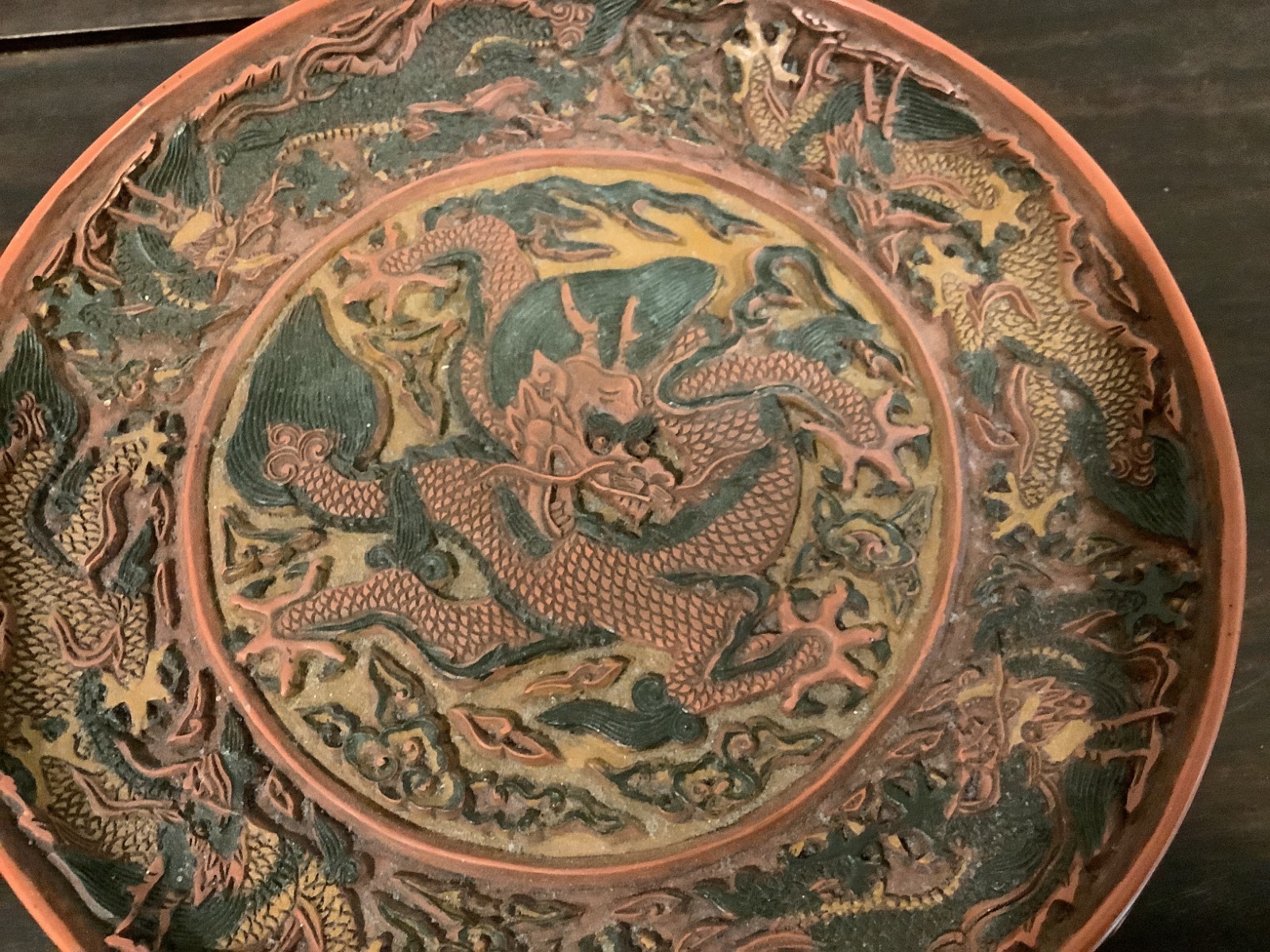 Vintage Chinese Style Carved Polychrome Dragon Plate with Jiajing Mark Vintage Chinese Style Carved Polychrome Dragon Plate with Jiajing Mark
