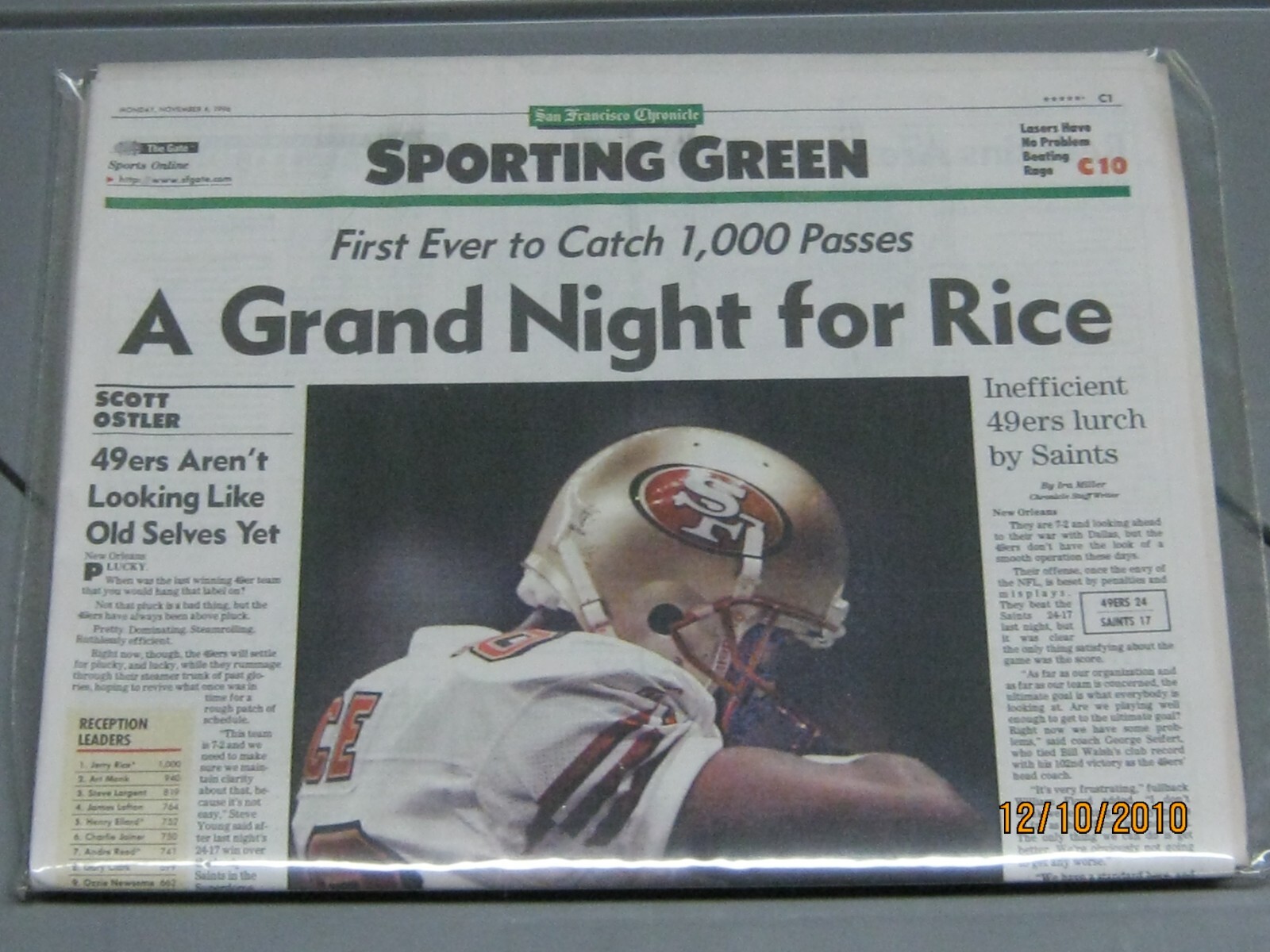 Jerry Rice 1,000 Career Catches Collectible Newspaper