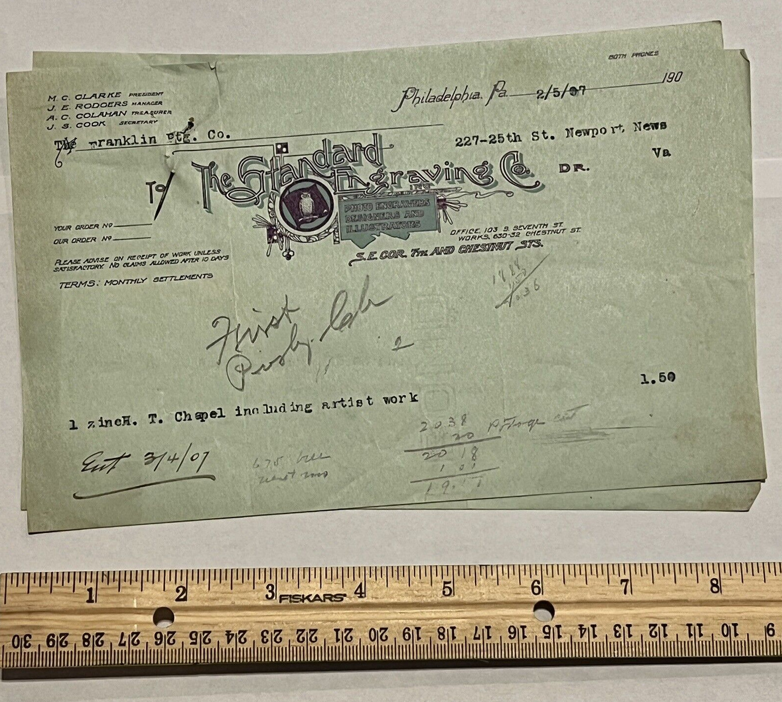 1907 THE STANDARD ENGRAVING COMPANY PHILADELPHIA RECEIPTS STAPLED BY NAIL 1907 THE STANDARD ENGRAVING COMPANY PHILADELPHIA RECEIPTS STAPLED BY NAIL