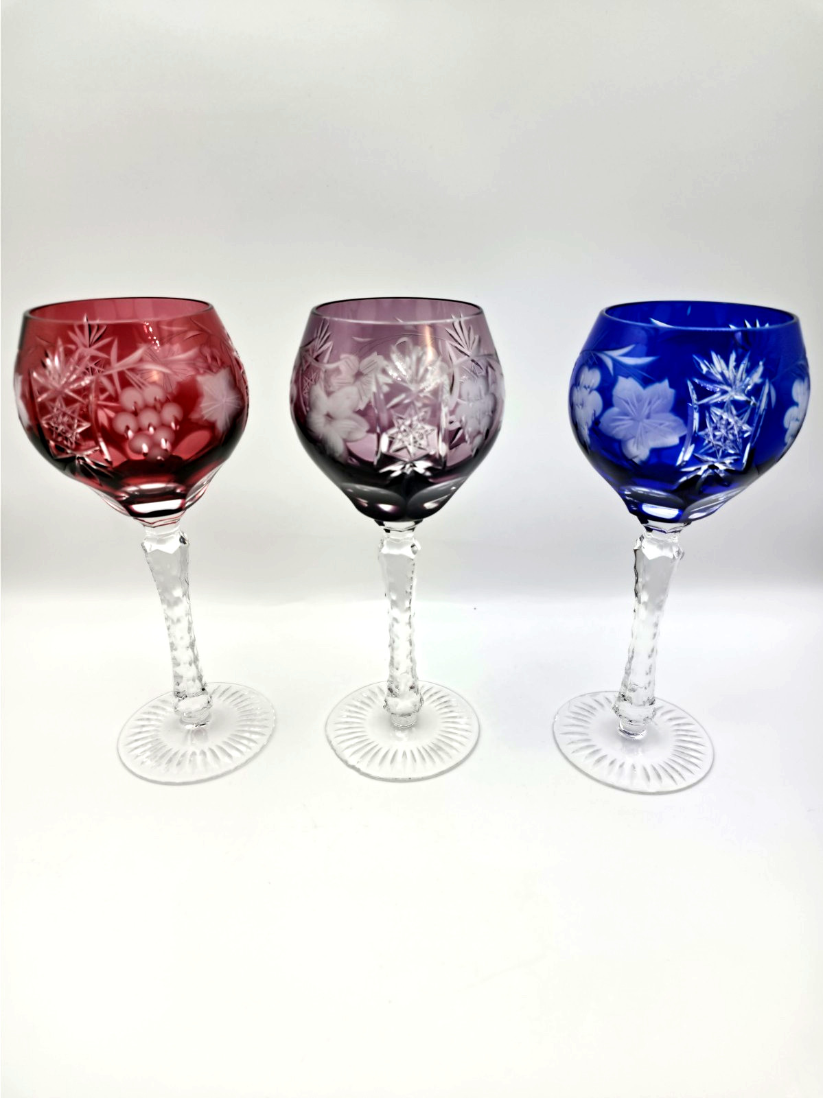 Bohemian Cut to Clear Crystal Wine Goblets Ajka Marsala Grape Blue Red Purple