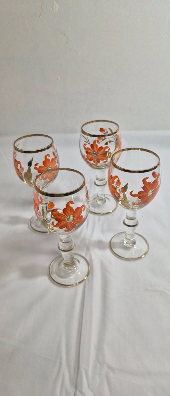 Vintage hand painted Romanian cordial glasses set of 4 22k rim Vintage hand painted Romanian cordial glasses set of 4 22k rim