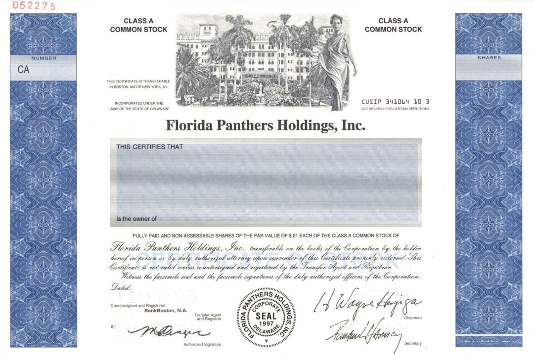 Florida Panthers Holdings, Inc. - Specimen Stock Certificate - Specimen Stocks &