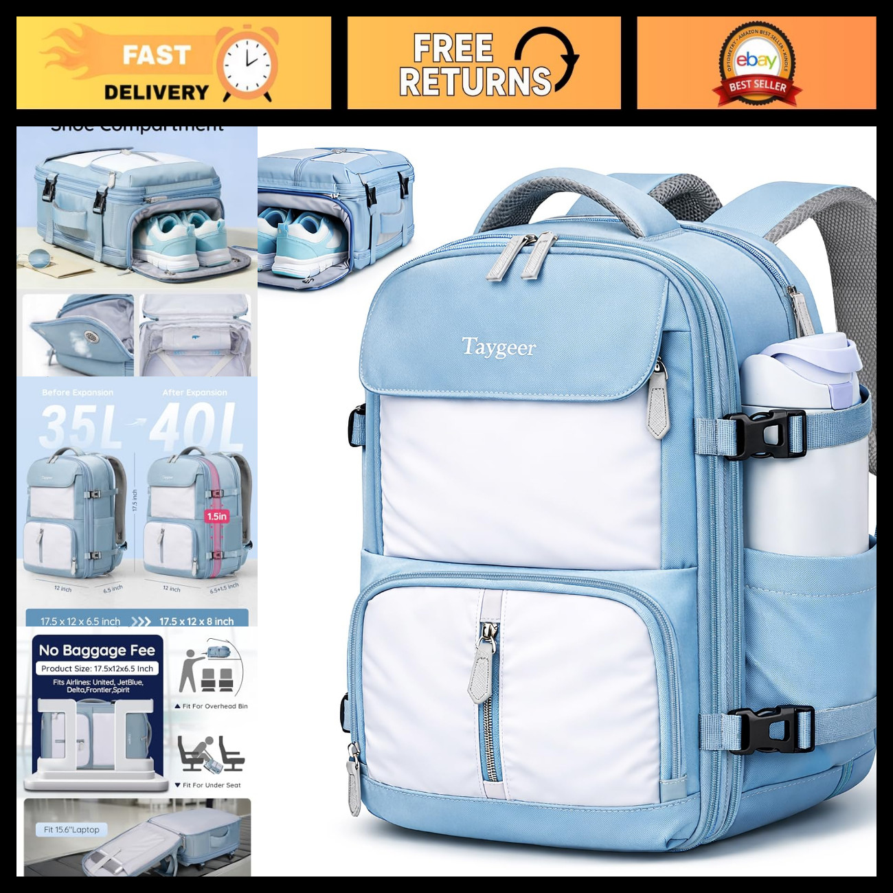 Taygeer Frontier Airlines Personal Item Bag, Expandable 18x14x8 backpack