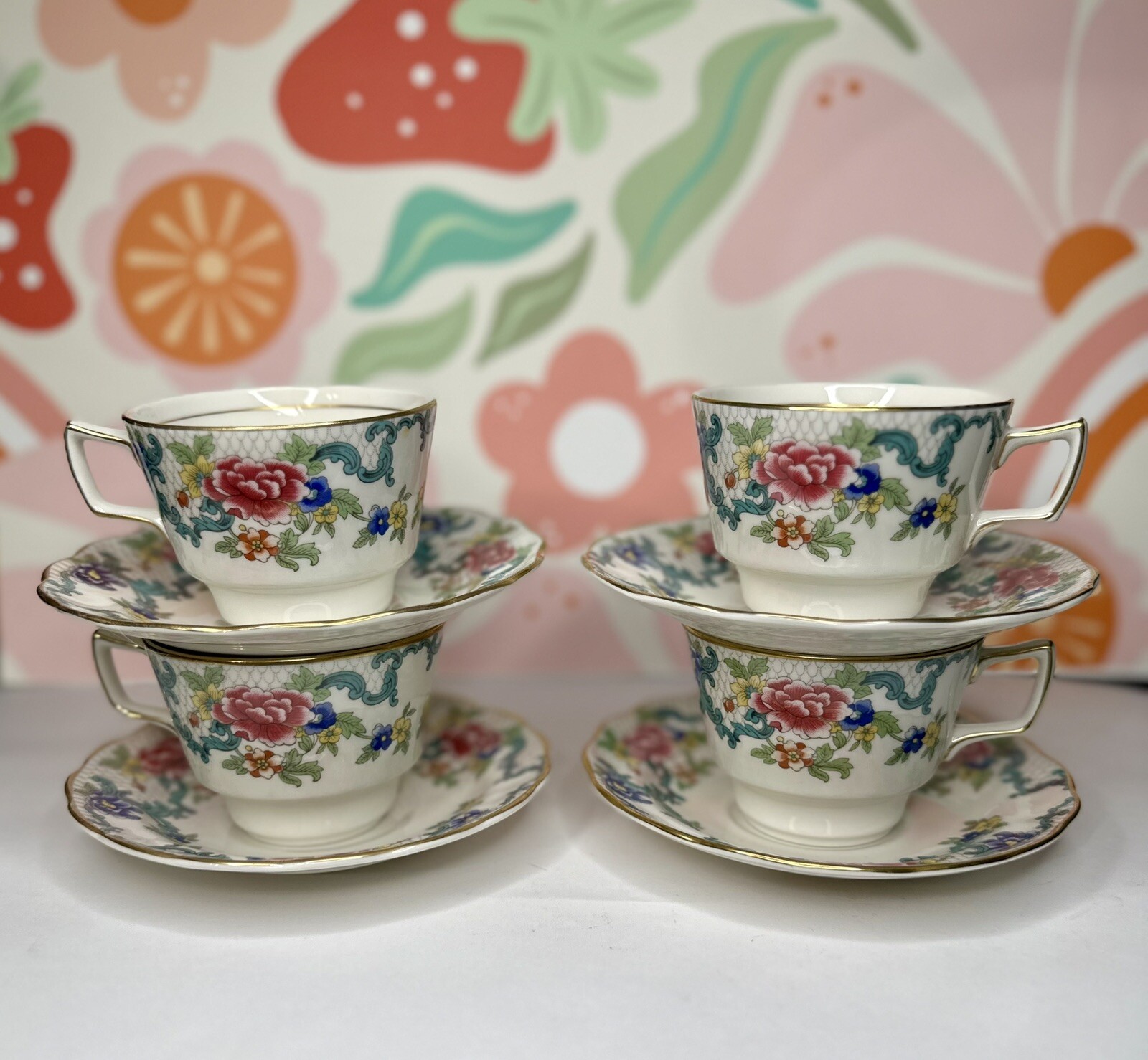 FLORADORA GOLD by Booths Royal Doulton Tea Cup & Saucer England Set Of 4 FLORADORA GOLD by Booths Royal Doulton Tea Cup & Saucer England Set Of 4