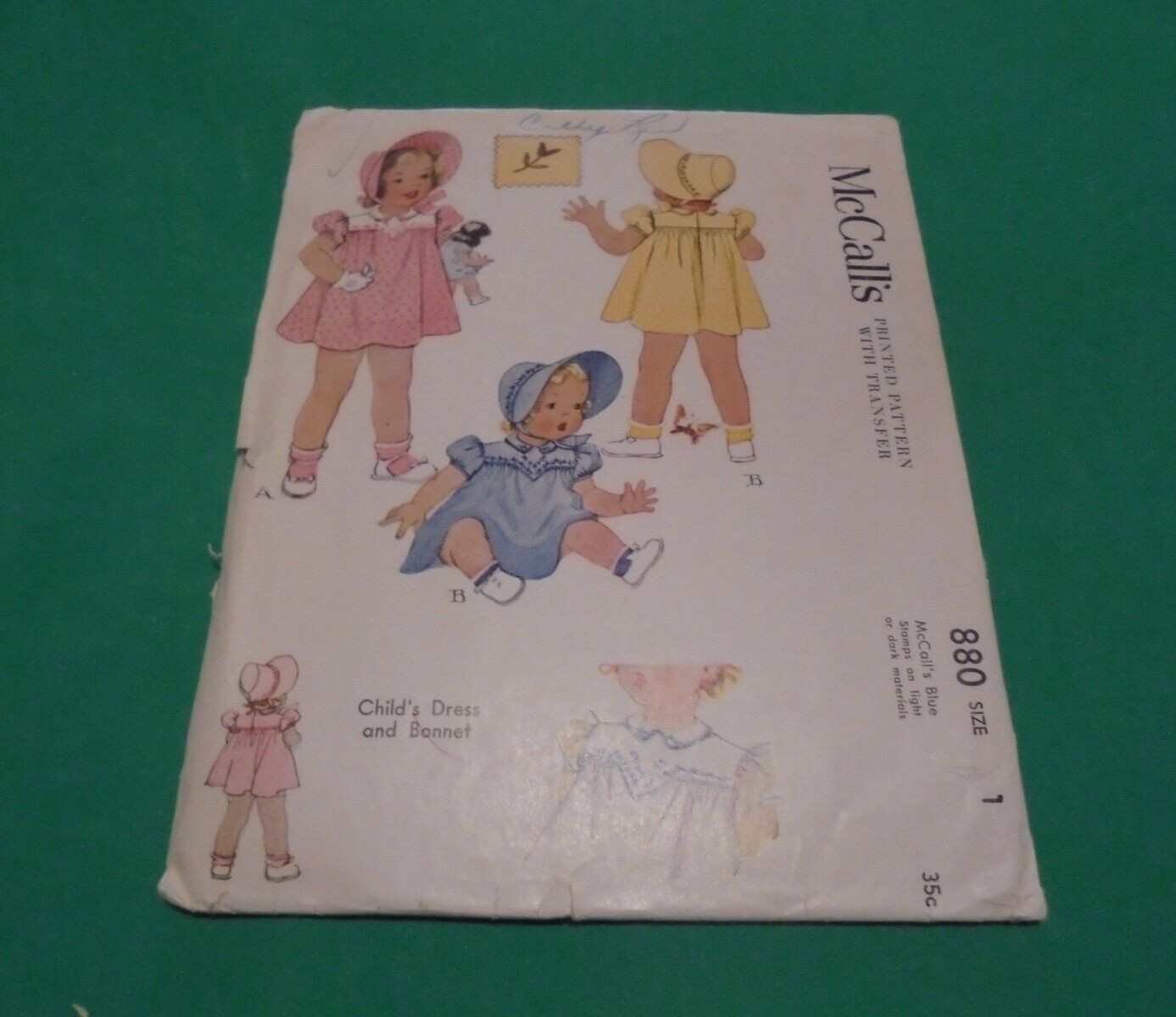 VTG 1940s McCalls Sewing Pattern 880 Infant Toddler Girls Dress & Bonnet Size 1