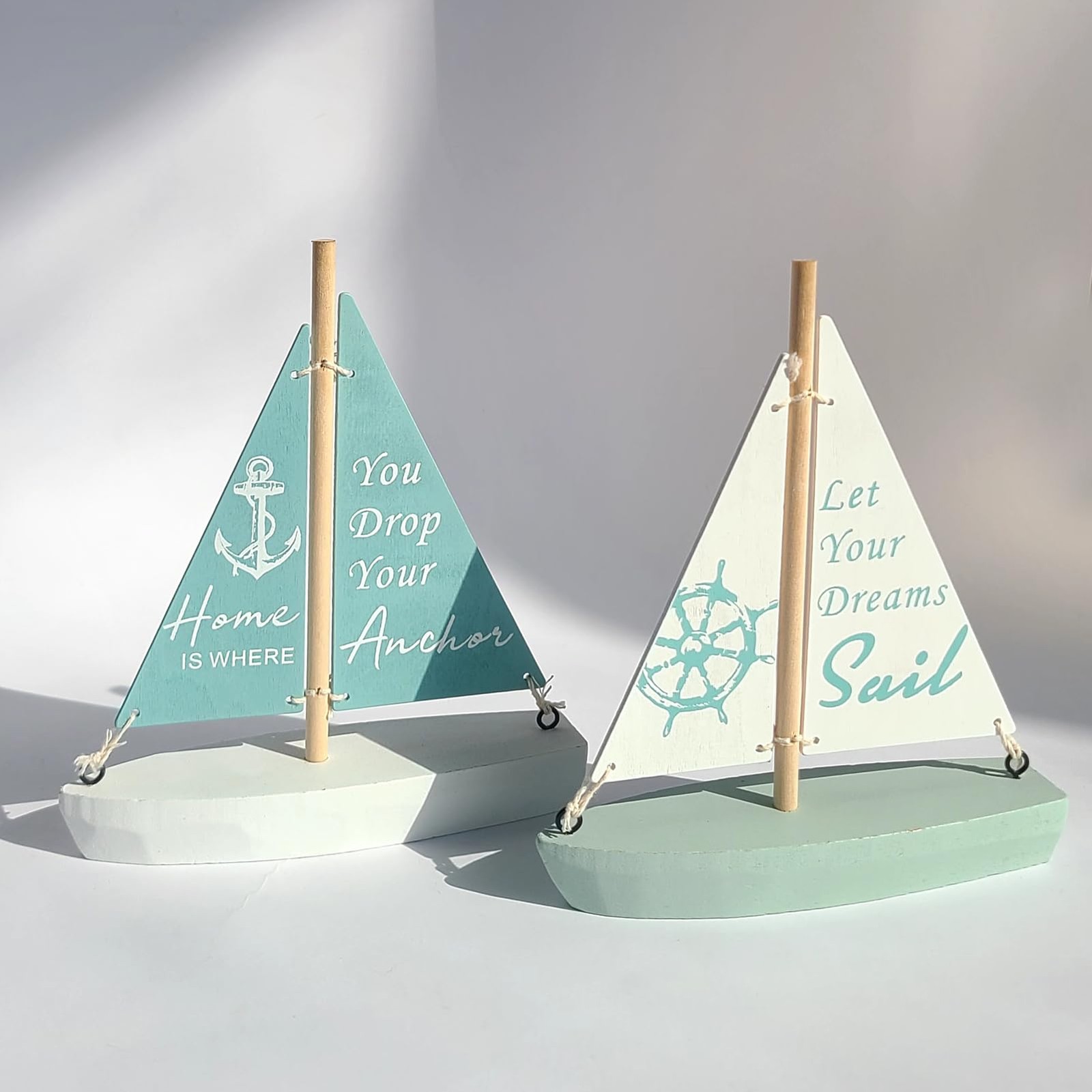 Huajie Handmade Wooden Sailboat Decor - 2 PCS Nautical Beach House Decoration, V