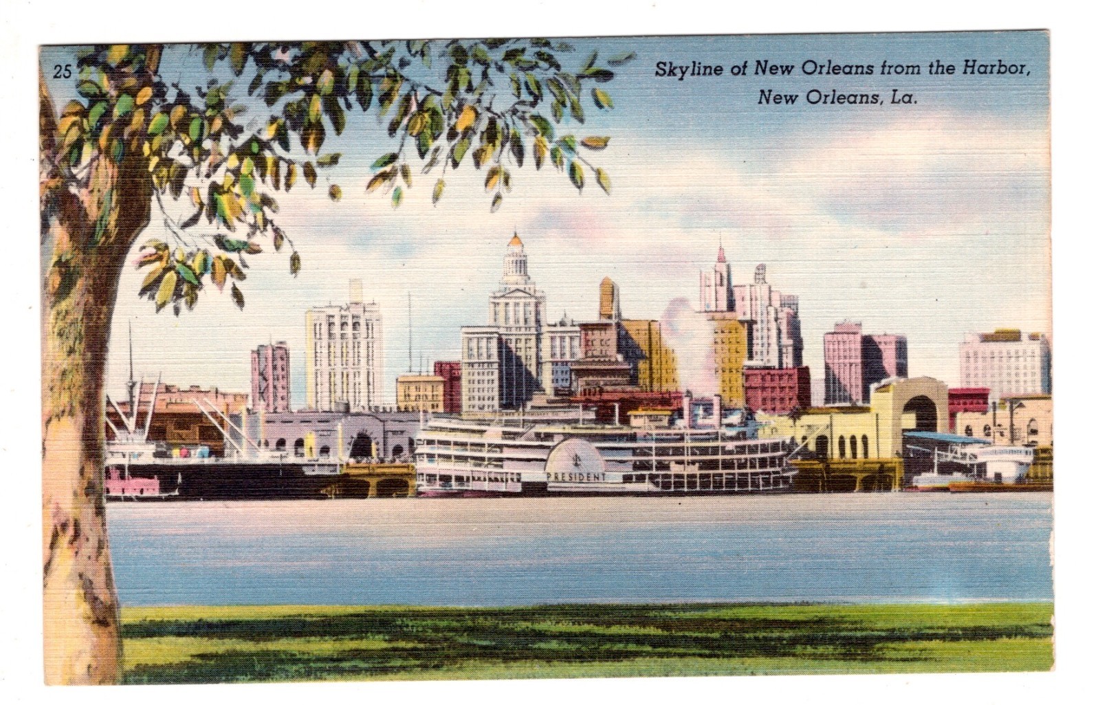 New Orleans Skyline from Harbor Paddle Wheel Ship President Postcard LA