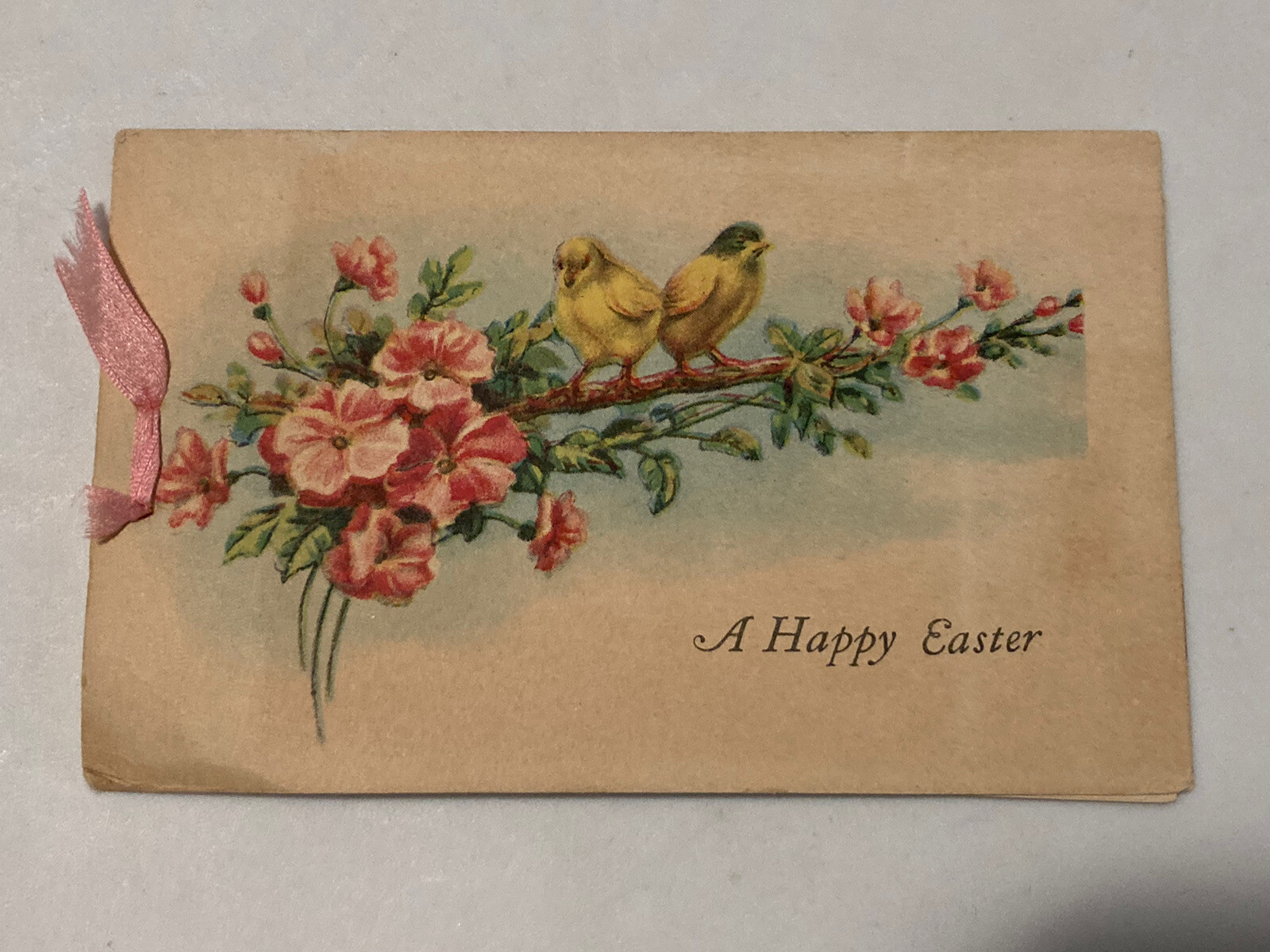 Vintage 1920's Yellow Birds & Magnolia Flowers Easter Greeting Card Ribbon Bound