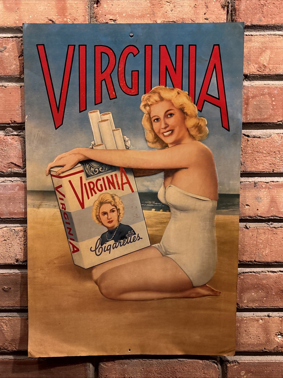 ORIGINAL Vintage 1930's 1940's VIRGINIA CIGARETTES Tobacco Metal Tin Pinup Sign ORIGINAL Vintage 1930's 1940's VIRGINIA CIGARETTES Tobacco Metal Tin Pinup Sign