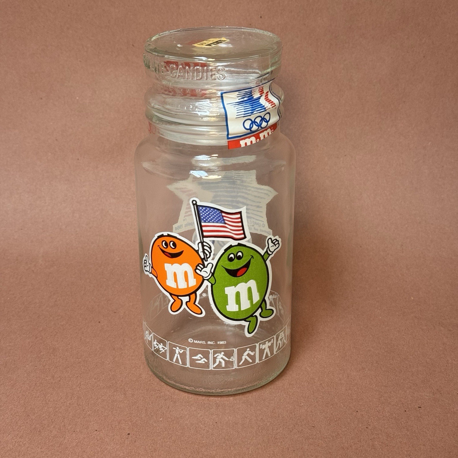 M&M\'s Olympic Commemorative Glass Jar With Lid Mars Inc. New 1983 With Seal M&M\'s Olympic Commemorative Glass Jar With Lid Mars Inc. New 1983 With Seal