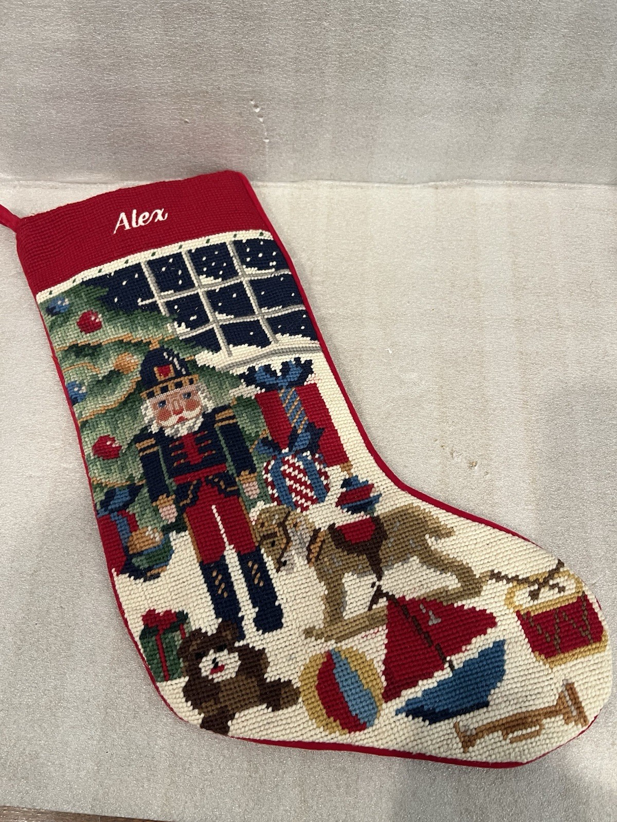 VTG Lands' End Nutcracker/Toys Needlepoint Christmas Stocking Wool/Cotton 17.5in