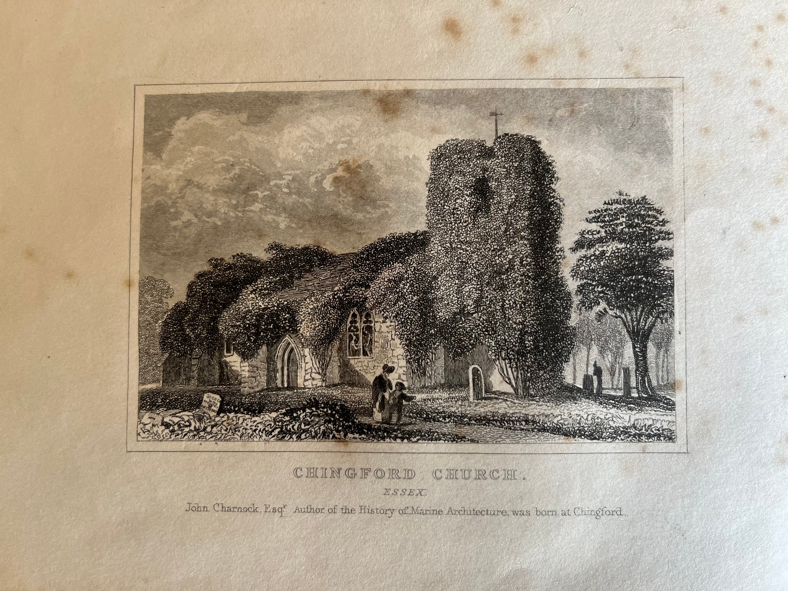 Antique engraving of Chingford Church Essex 1843 N293 Antique engraving of Chingford Church Essex 1843 N293