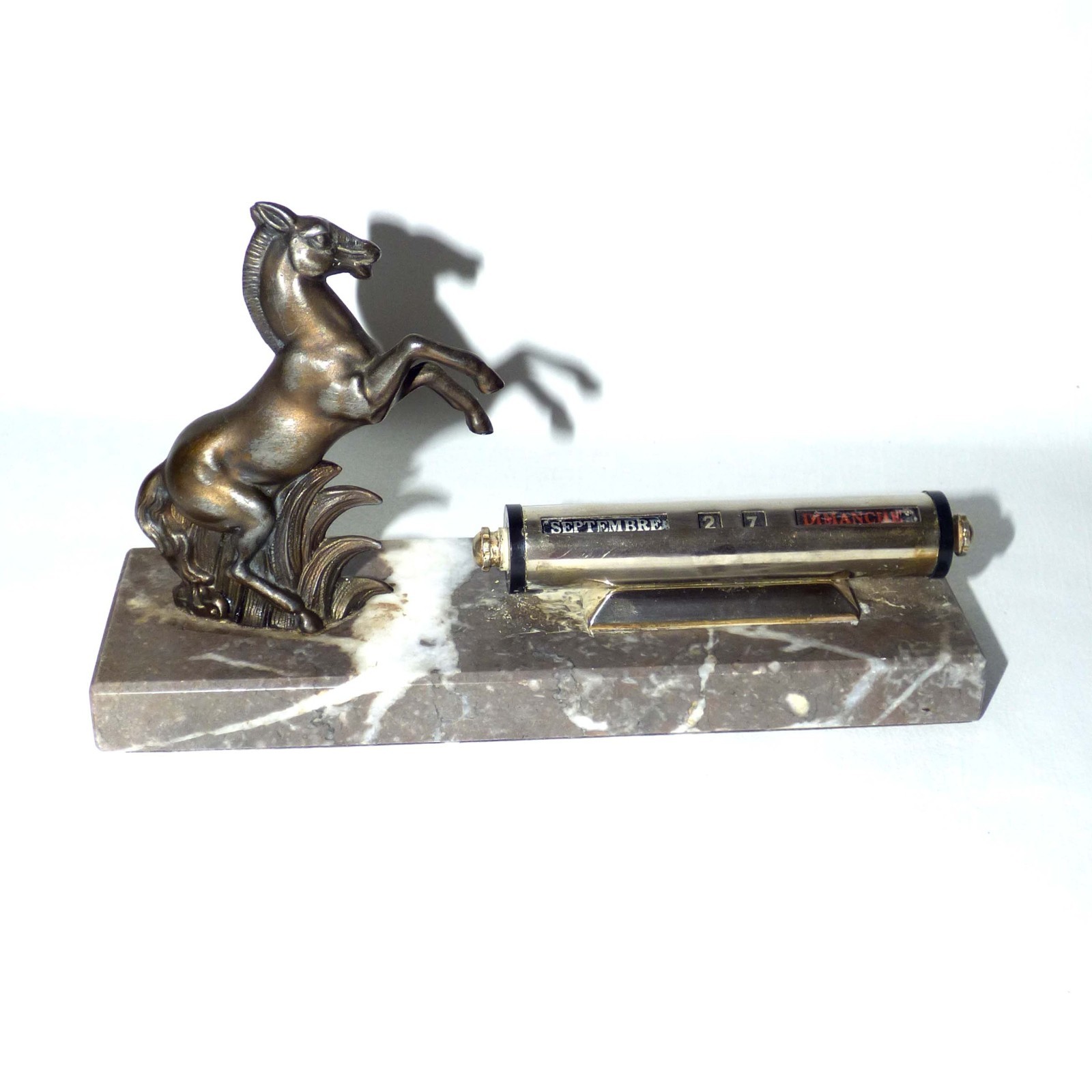 Vintage French Art Deco Desk Perpetual Calendar Spelter Horse Marble Base 1930s Vintage French Art Deco Desk Perpetual Calendar Spelter Horse Marble Base 1930s