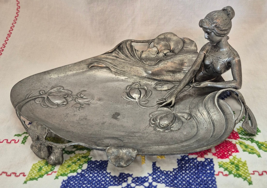 Art Nouveau Pewter Card Tray with a Mermaid at a Lily Pond Art Nouveau Pewter Card Tray with a Mermaid at a Lily Pond