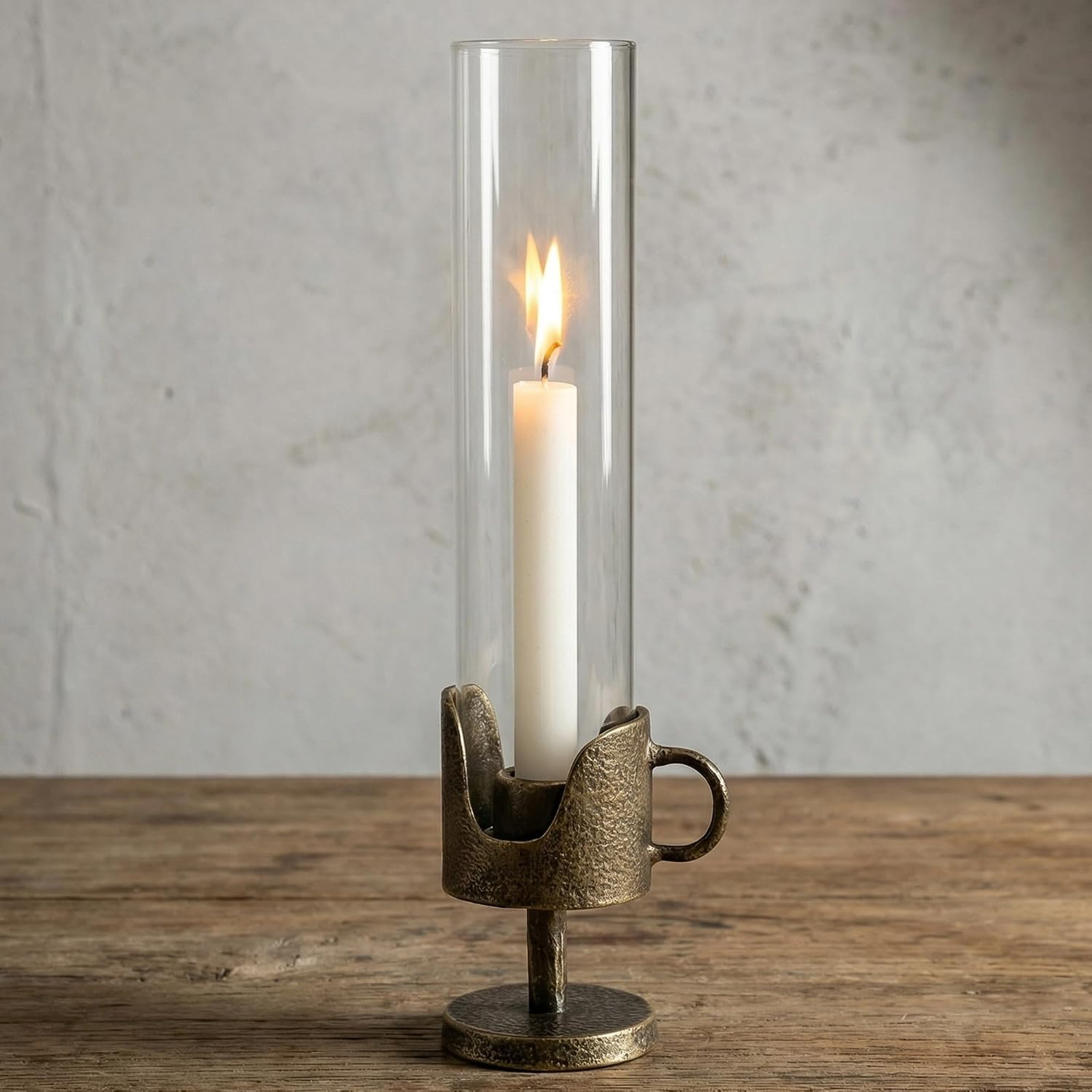 Hurricane Candle Holder Cast Iron Base Glass Shade Vintage Style Taper Candle