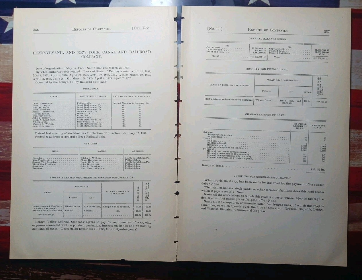 1891 Train Report PENNSYLVANIA & NEW YORK CANAL AND RAILROAD CO Wilkes-Barre PA 