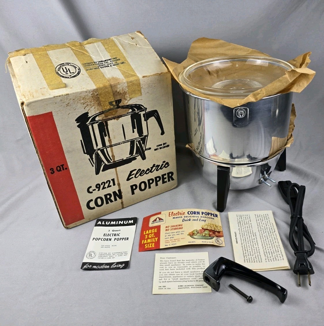 NOS Vintage Mirro C-9221 Aluminum Popcorn Popper Glass Lid 3 Qt USA Atomic MCM NOS Vintage Mirro C-9221 Aluminum Popcorn Popper Glass Lid 3 Qt USA Atomic MCM