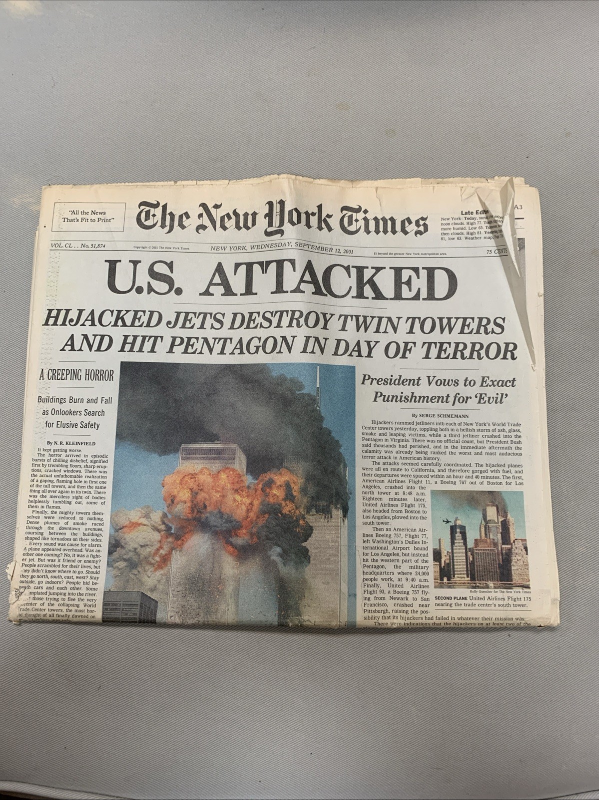 U.S. ATTACKED New York Times NYT Newspaper 9 11 01, September 12, 2001