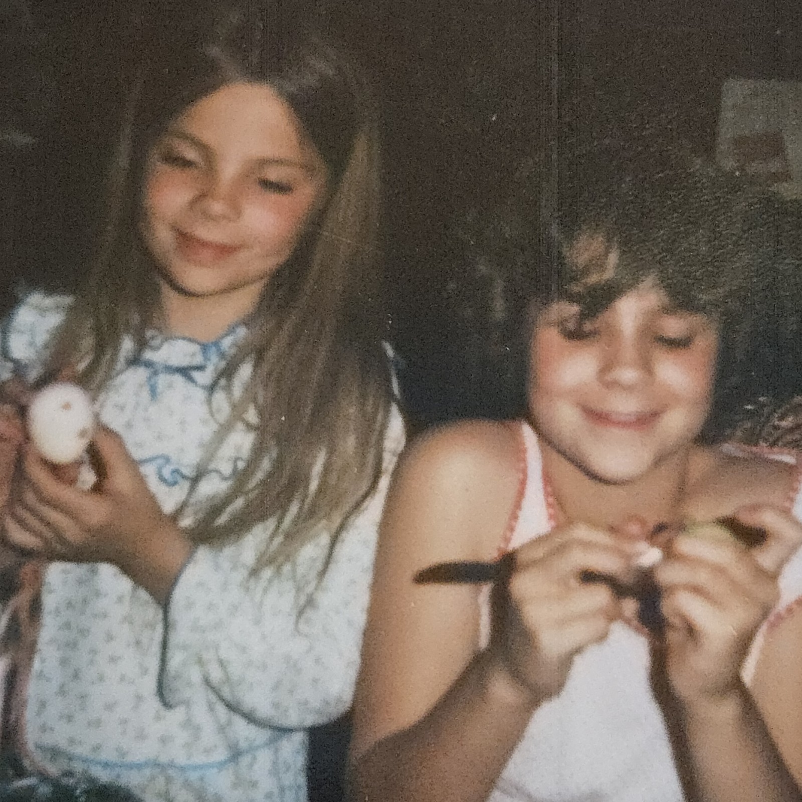 Vintage Kodak Color Photo Snapshot of Smiling Young Girls Painting Easter Eggs Vintage Kodak Color Photo Snapshot of Smiling Young Girls Painting Easter Eggs