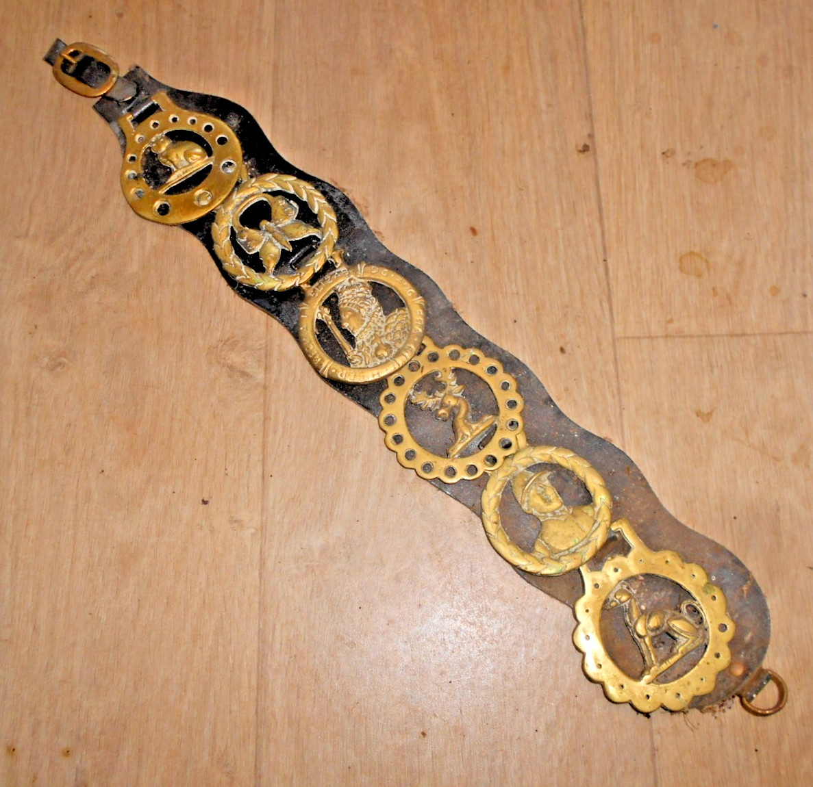 VICTORIAN HARNESS HORSE BRASSES 6 X MEDALLIONS ON LEATHER STRAP W/ CAT BUTTERFLY