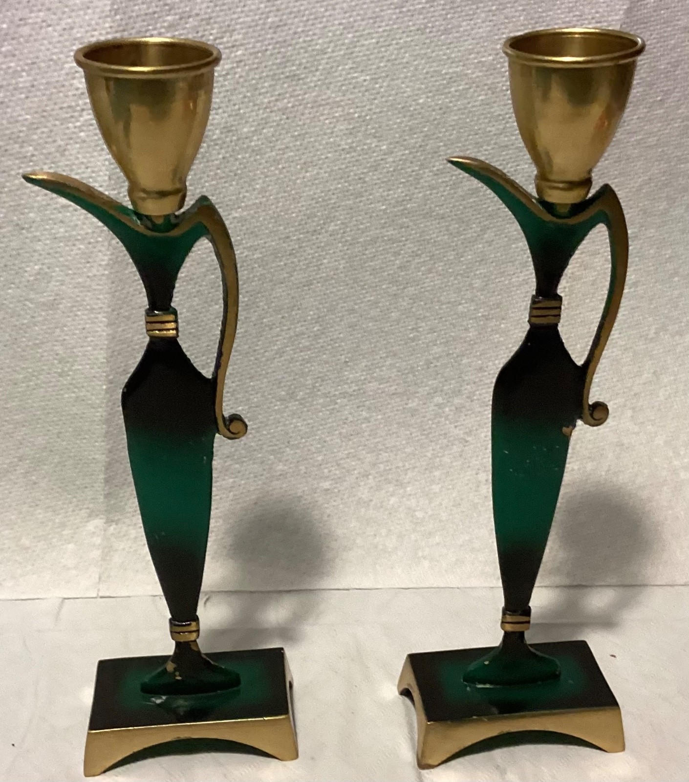 Vintage Israeli Candlestick Holders Pair Green Black Gold Metal MCM Judaica Vintage Israeli Candlestick Holders Pair Green Black Gold Metal MCM Judaica