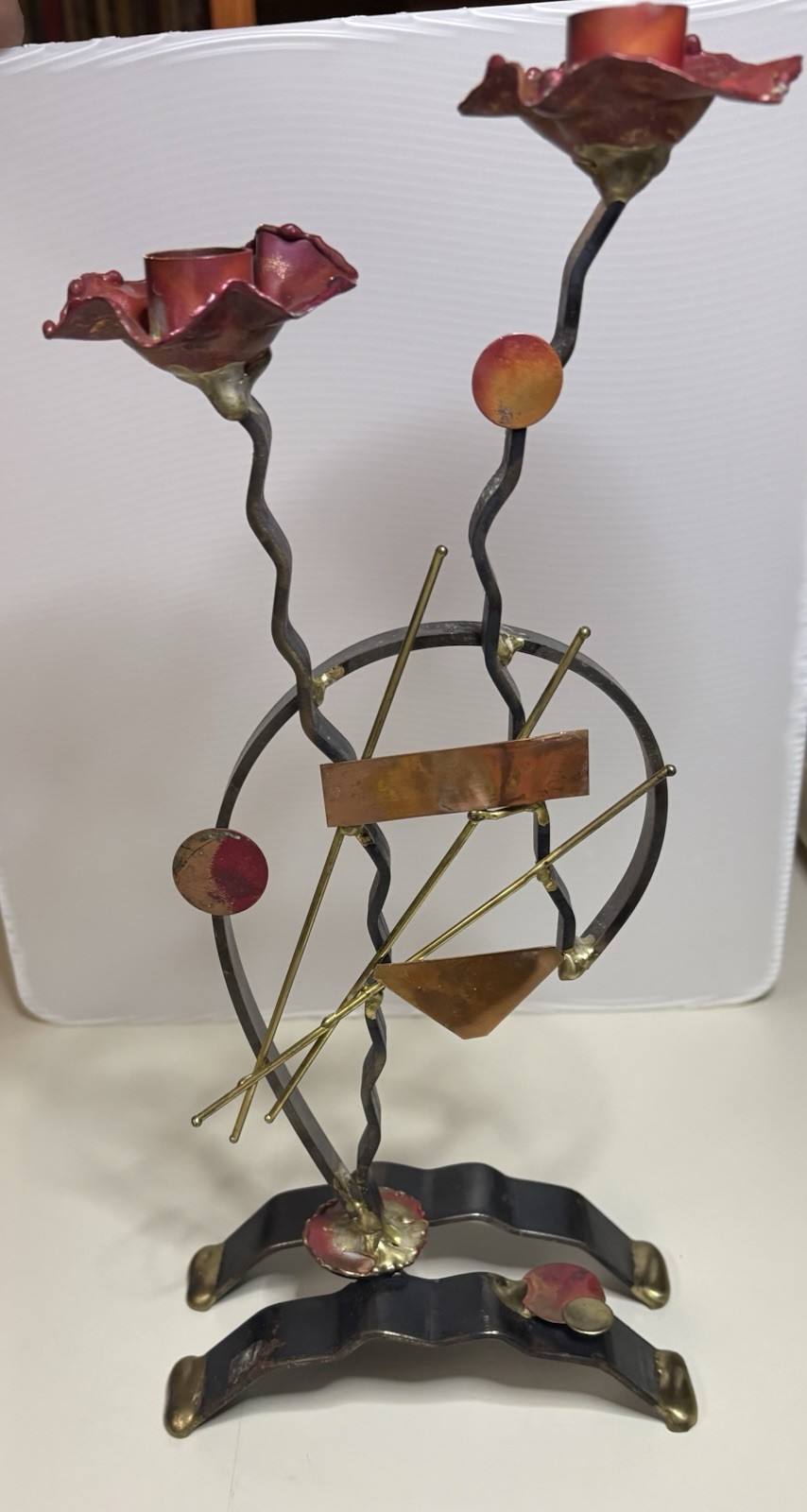 Gary Rosenthal Mixed Metal & Fussed-Glass Double Shabbat Candle Holder 14” Gary Rosenthal Mixed Metal & Fussed-Glass Double Shabbat Candle Holder 14”