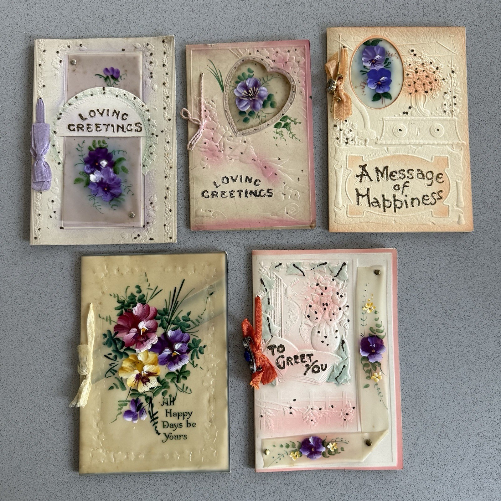 5 Antique WW1 Era Embossed Hand Painted Greetings Cards Brooch Ribbon c1914-20s