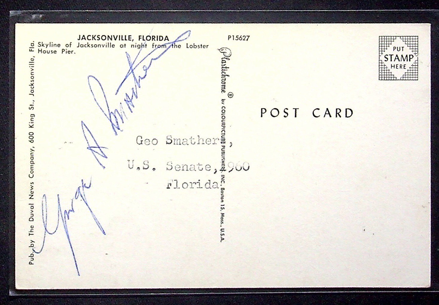 Jacksonville skyline night Postcard Autographed by George Armistead Smathers