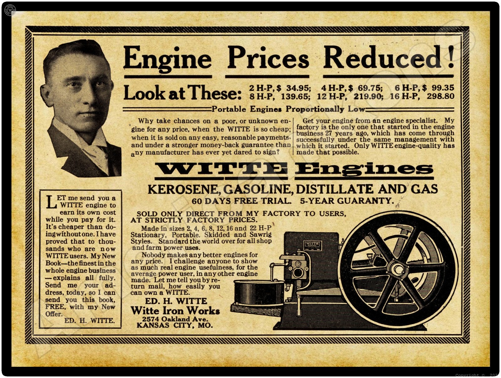1914 Witte Iron Works New Metal Sign: Witte Engines - Kansas City - Large Size 1914 Witte Iron Works New Metal Sign: Witte Engines - Kansas City - Large Size