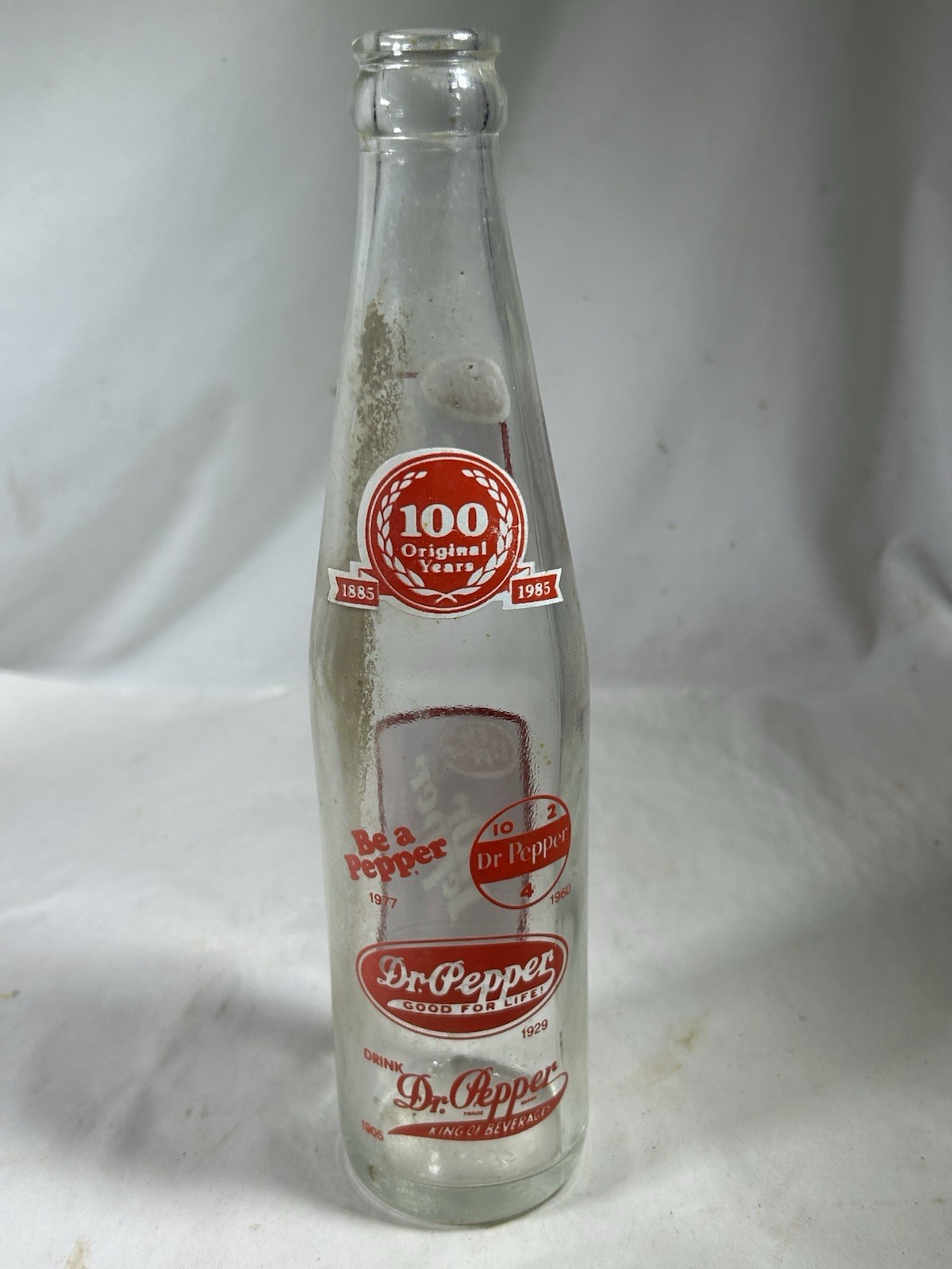 Vintage Dr Pepper 100 Original Years Glass Bottle All Logos Advertising Soda Vintage Dr Pepper 100 Original Years Glass Bottle All Logos Advertising Soda