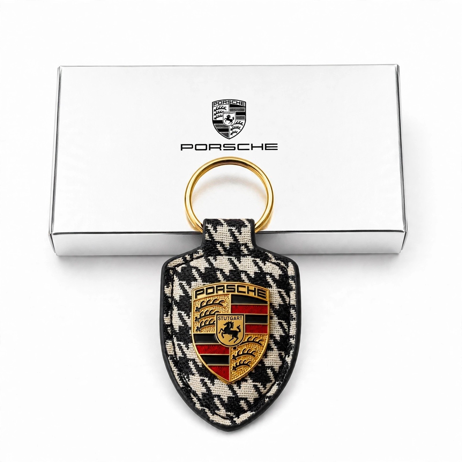 NEW Porsche Pepita Crest Key Ring Fob Key Chain WAP0504060SWPP Black & White NEW Porsche Pepita Crest Key Ring Fob Key Chain WAP0504060SWPP Black & White
