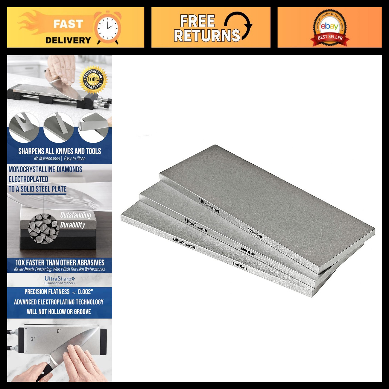 8x3 Diamond Sharpening Stone Set - Ultra Sharp Coarse, Medium & Extra Fine Grit