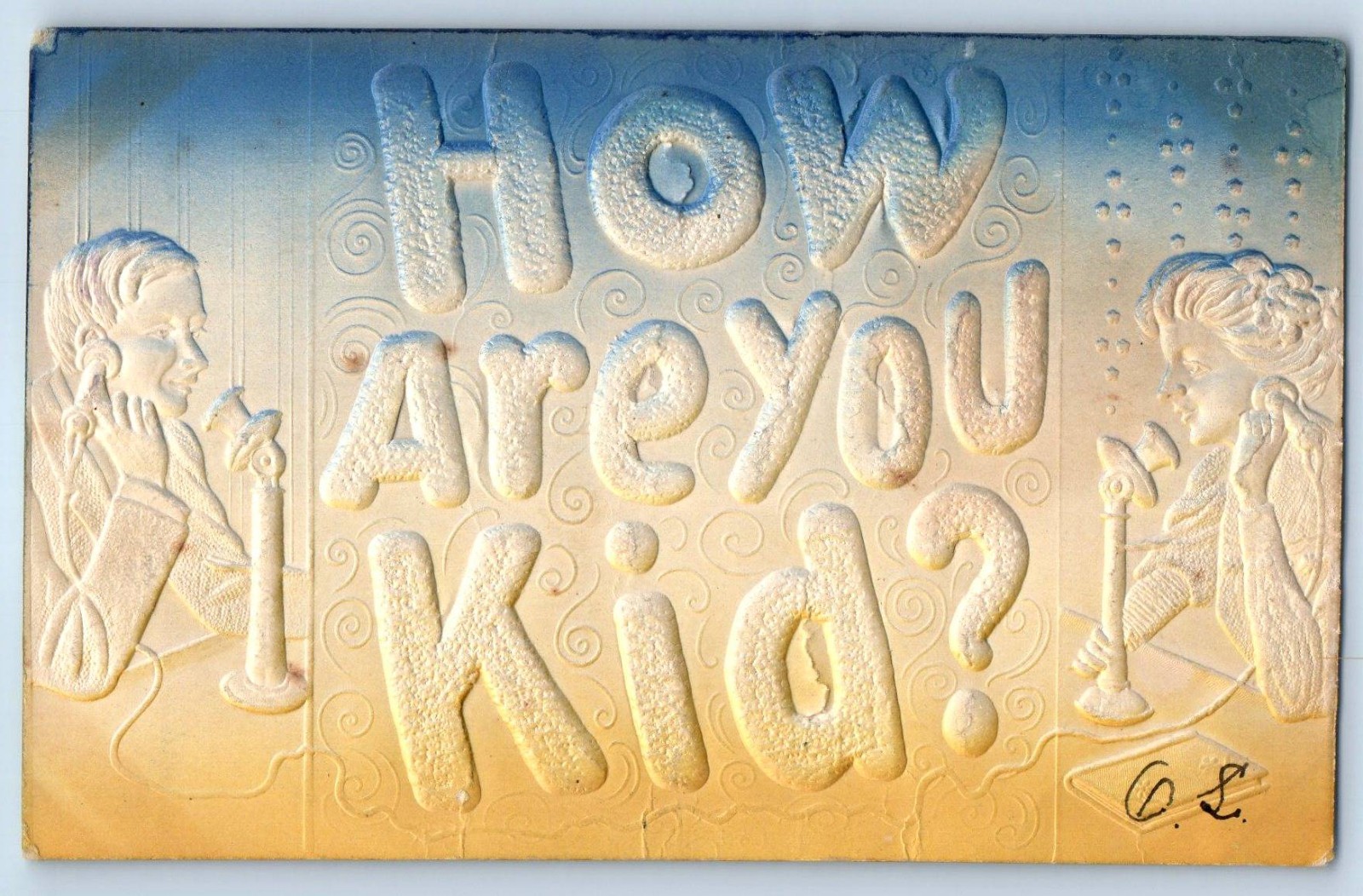c1910's How Are You Kid Large Letter Telephone Airbrushed Embossed Postcard c1910's How Are You Kid Large Letter Telephone Airbrushed Embossed Postcard
