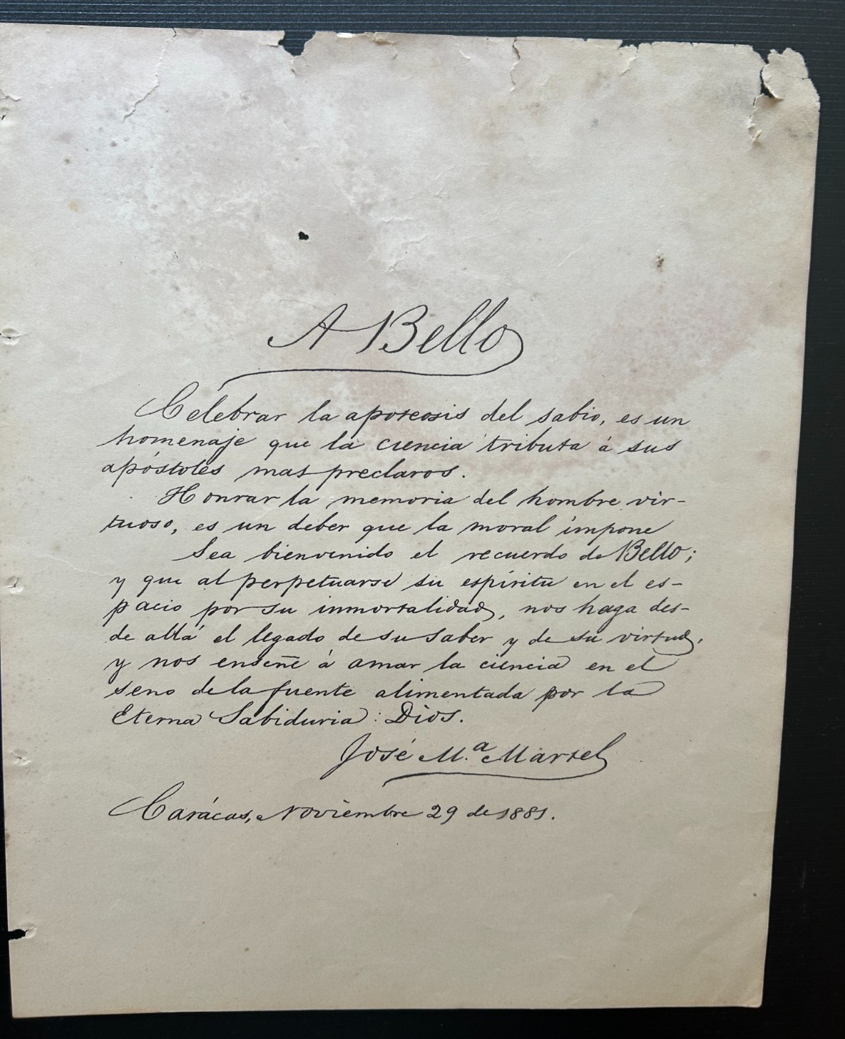 Jose Maria Marsel Note Andres Bello 100 Anniversary (1881 Facsimil) Jose Maria Marsel Note Andres Bello 100 Anniversary (1881 Facsimil)
