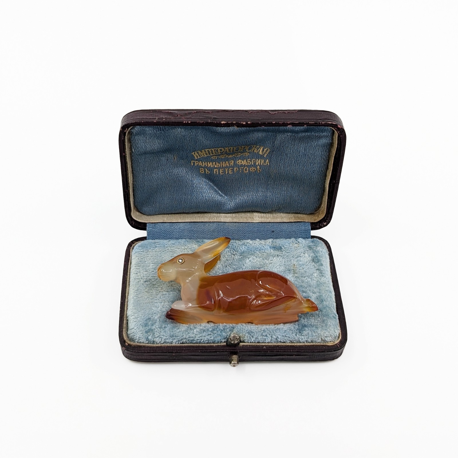 Antique Imperial Russian Agate Hare Miniature Hand Carved Jeweled Eyes Boxed