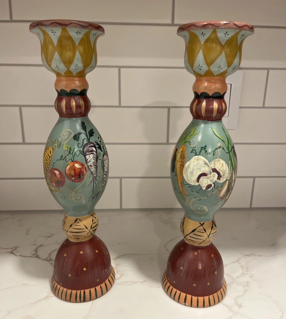 Vintage Tracy Porter 14 Candlesticks Hand Painted Vegetable Harvest Set of 2 EUC Vintage Tracy Porter 14 Candlesticks Hand Painted Vegetable Harvest Set of 2 EUC