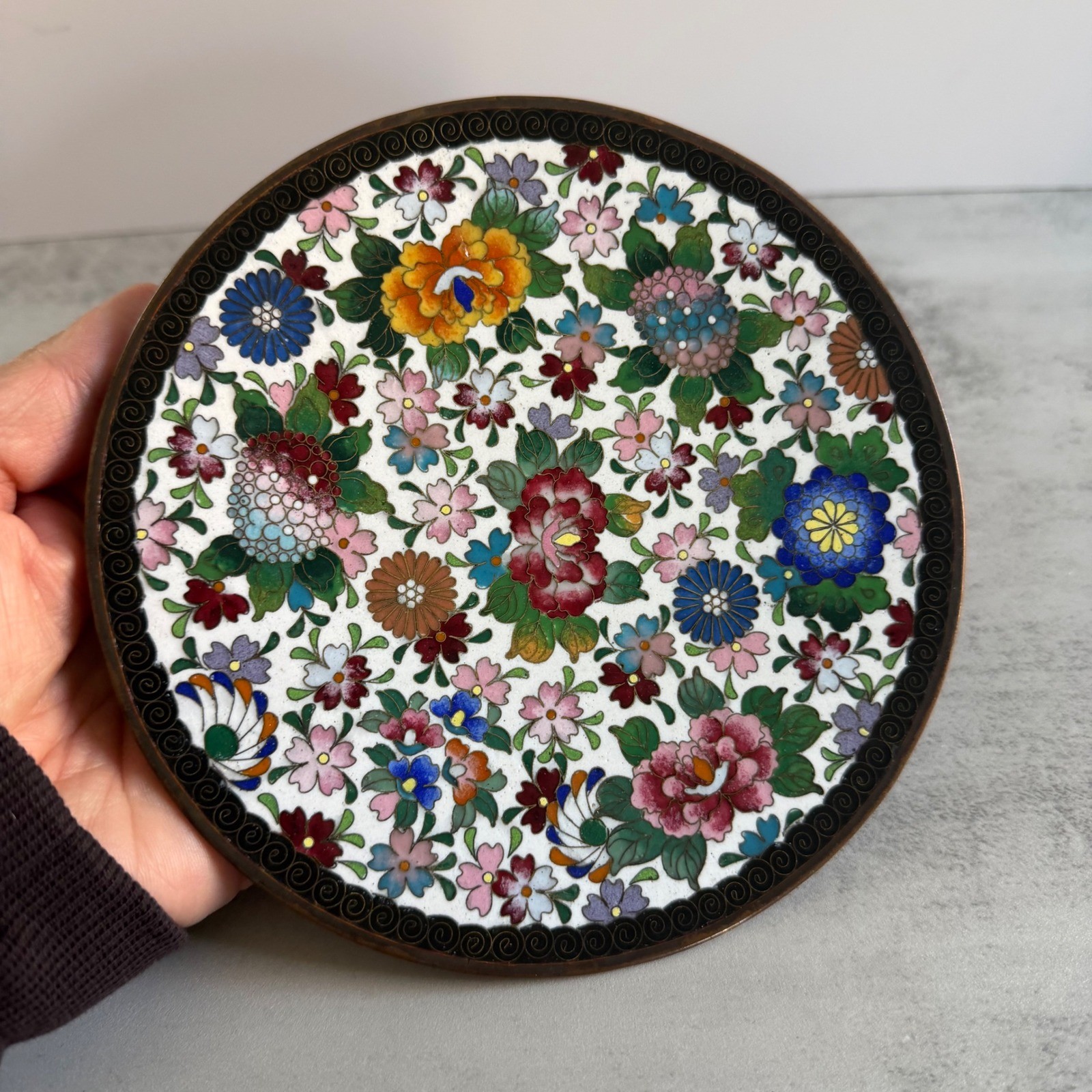 Vintage Chinese Cloisonne Enamel Floral Plate White Brass Rim Thousand Flowers Vintage Chinese Cloisonne Enamel Floral Plate White Brass Rim Thousand Flowers