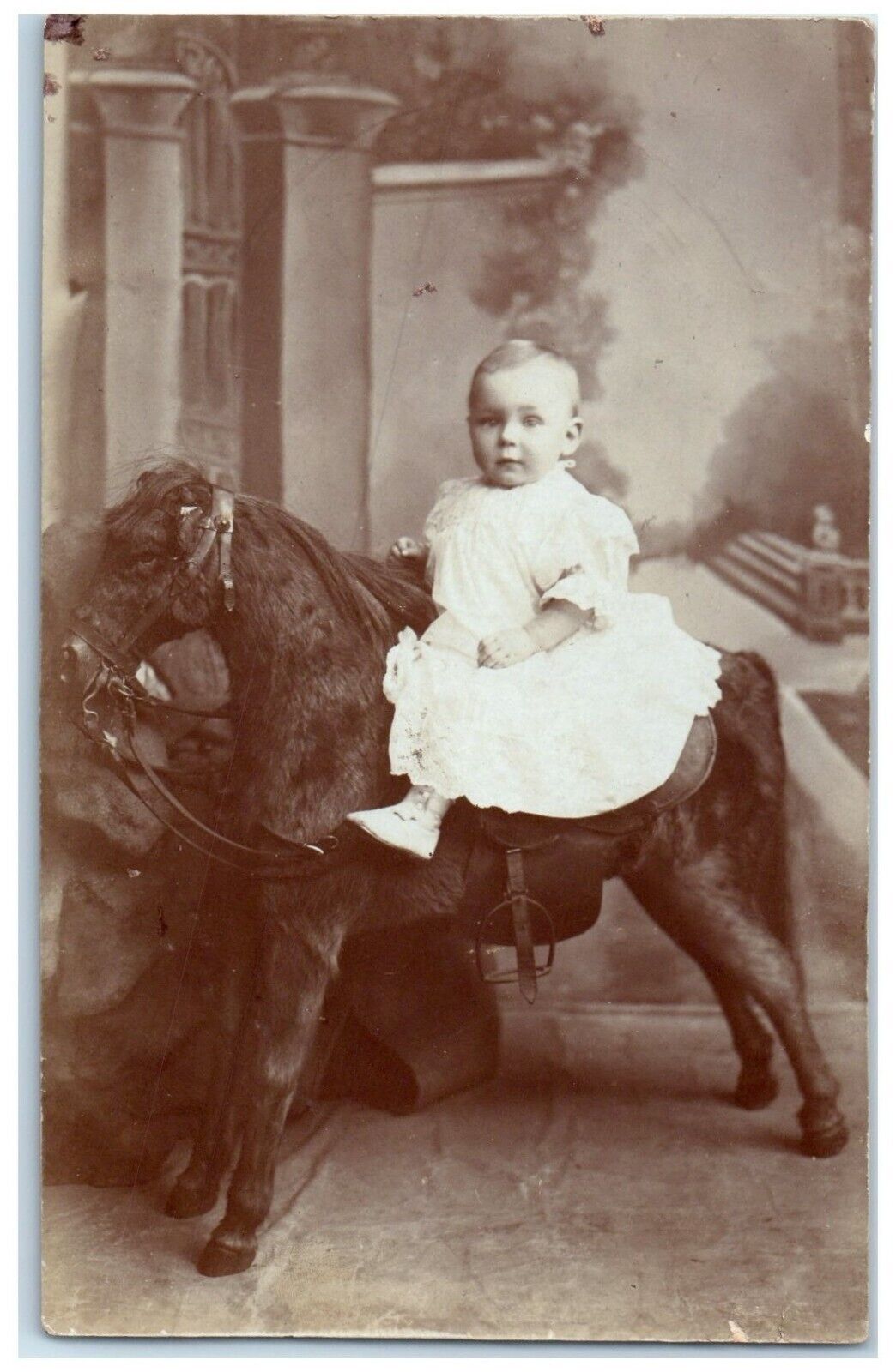 c1910's Cute Baby Riding Horse England United Kingdom RPPC Photo Postcard