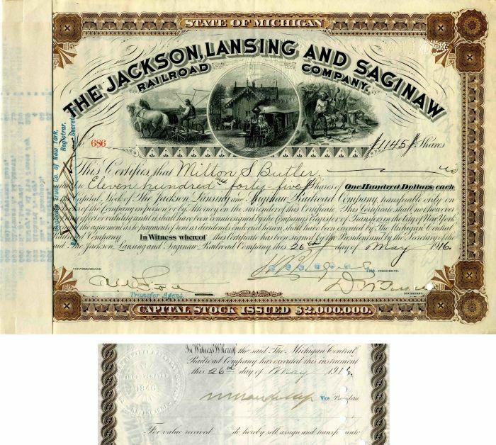 Jackson, Lansing and Saginaw Railroad Co. Signed by Wm. K Vanderbilt - Stock Cer