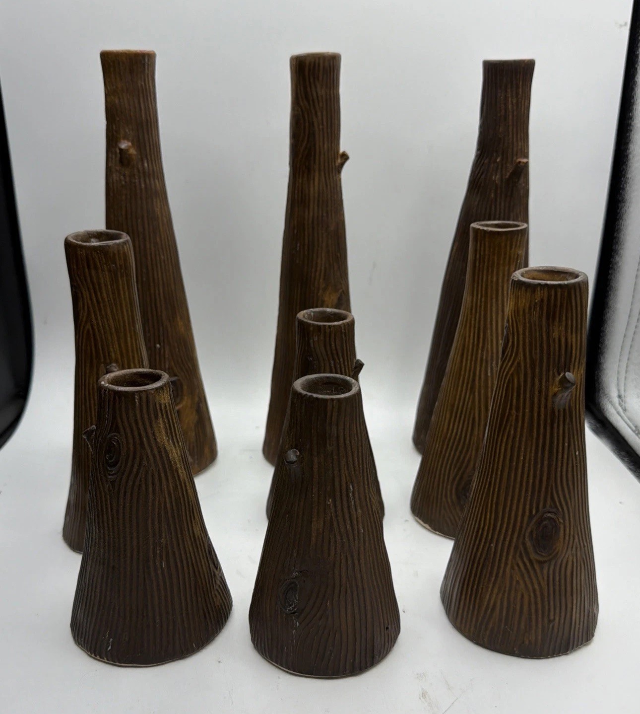 Vintage Faux Bois Ceramic Tree Trunk Candle Holders Set of 9 Graduated MCM Vintage Faux Bois Ceramic Tree Trunk Candle Holders Set of 9 Graduated MCM