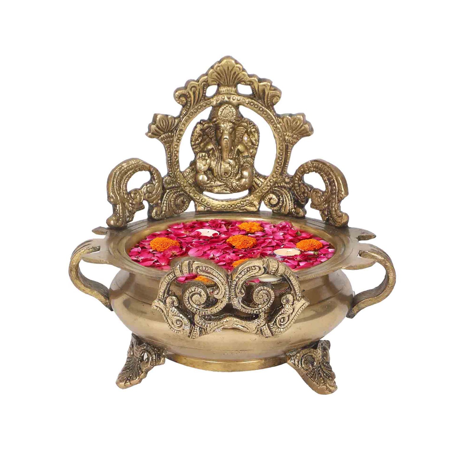 Brass Ethnic Carved Ganesha Design Brass Decor Urli Decor Bowl Showpiece Brass Ethnic Carved Ganesha Design Brass Decor Urli Decor Bowl Showpiece