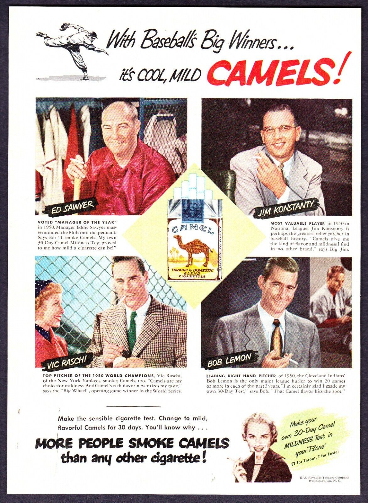 1951 NY Yankees Bob Lemon Vic Raschi Ed Sawyer photo Camels Cigarettes print ad